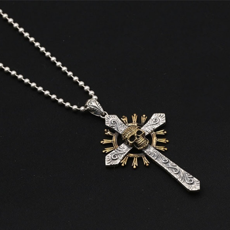 925 sterling silver vintage jewelry American European antique silver handmade punk style skull cross necklace pendants for men women