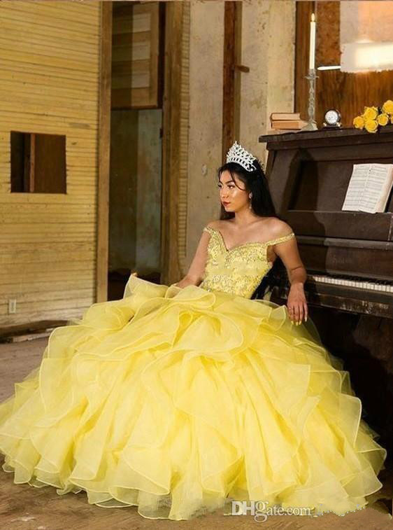 Princess Ball Gown 2015 Quinceanera Dresses Yellow off Shoulder Cascading Ruffles Crystal Beads Organza 2018 Prom Party Dress For Sweet 16