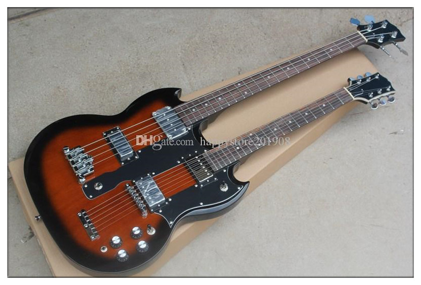 Brown Body Double Neck 6+4 Strings Electric Guitar/Bass with Chrome hardware,Black Pickguard,can be customized
Brown Body Double Neck 6+4 Strings Electric Guitar/Bass with Chrome hardware,Black Pickguard,can be customized