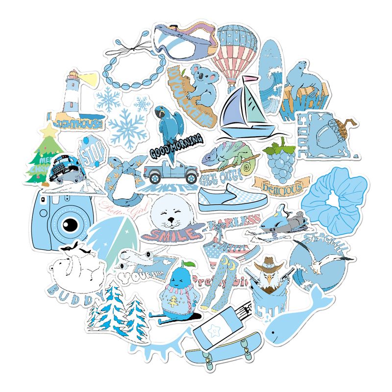 Cartoon Summer Blue Kawaii Ocean Steamship Fire Ballon Stickers Fresh Stickers For DIY Luggage Laptop Refrigerator Motorcycle Car