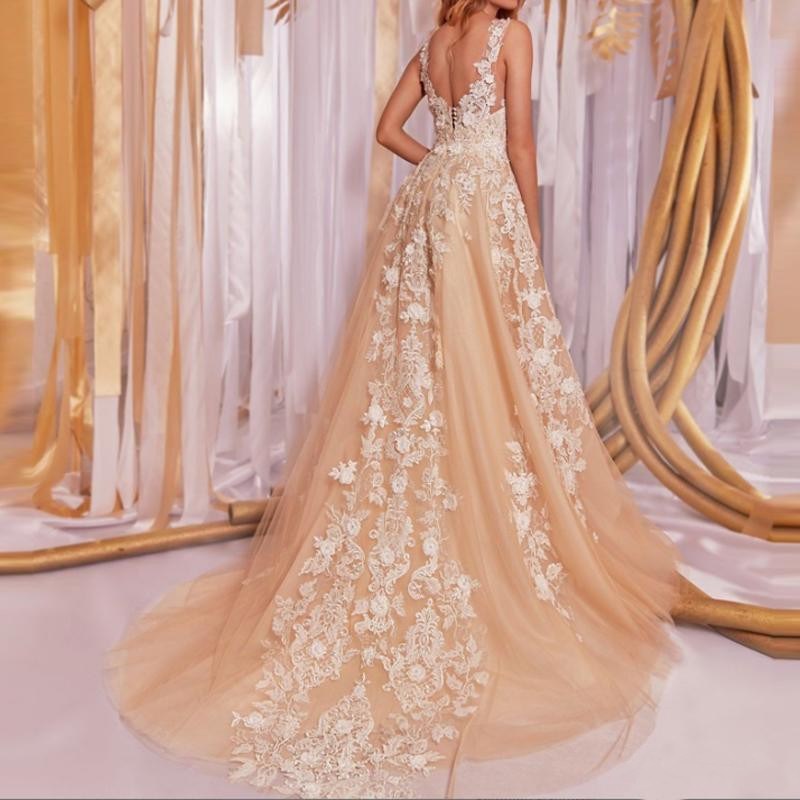 Dresses Champagne Gorgeous Jewel Neck Lace Appliqued Cheap Boho Country Wedding Dress Bridal Gown Robe De Marie