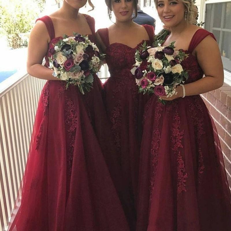 2019 Formal Burgundy Bridesmaid Dresses Plus Size Strappy A Line Lace Appliqued Tulle Maid of Honor Dresses Wedding
