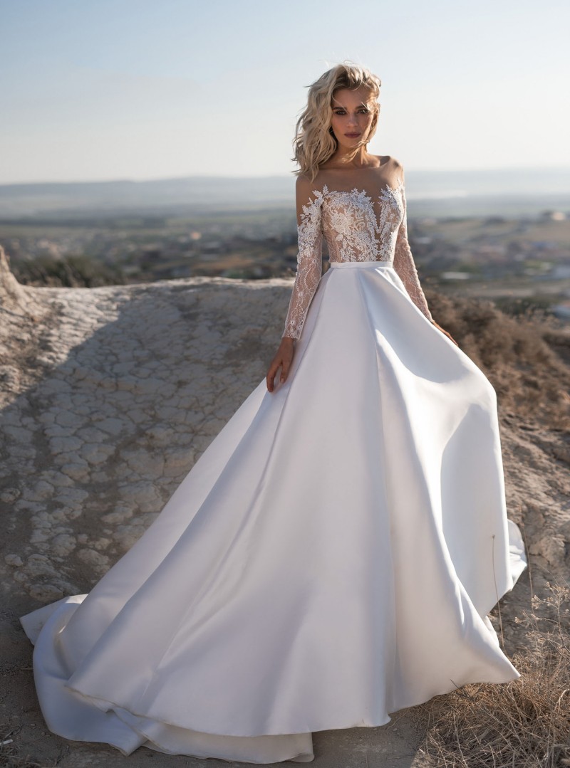 Newest Anna Kuznetcova Simple A Line Wedding Dresses Jewel Long Sleeve Lace Applique Wedding Gowns Sweep Train robe de mariée