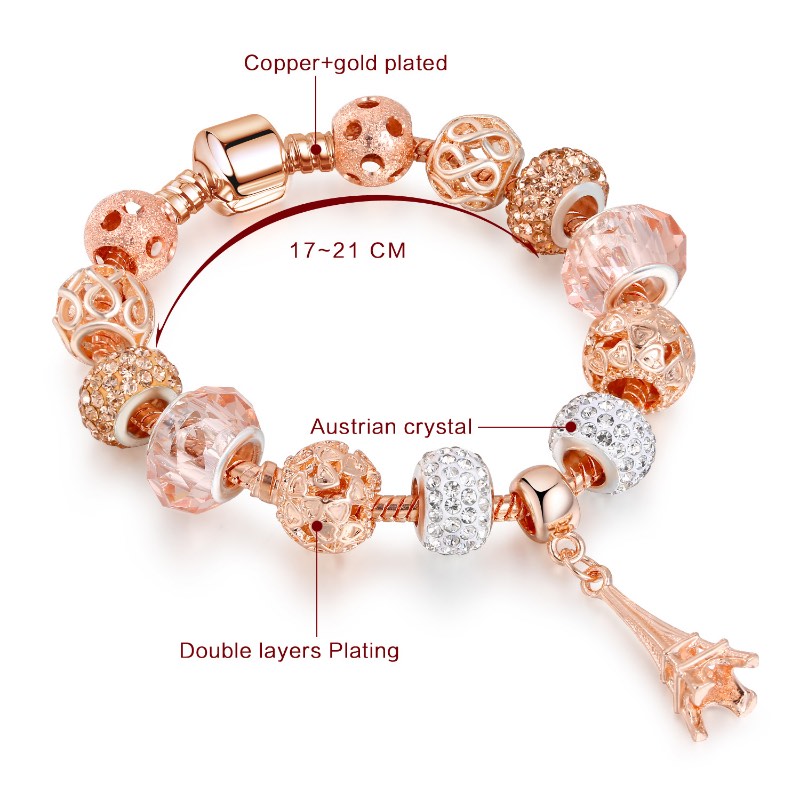 Rose Gold Crystal Glass Perforated Bead Tower Bracelets Fashion Brand Charm Bracelet Women Jewelry Wholesale