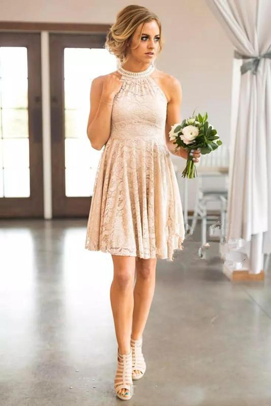 O-Neck Full Lace Short Bridesmaid Dresses Beaded With Pearls Collar Jewel Neck Zipper Back Western Maid of Honor Dresses Cheap