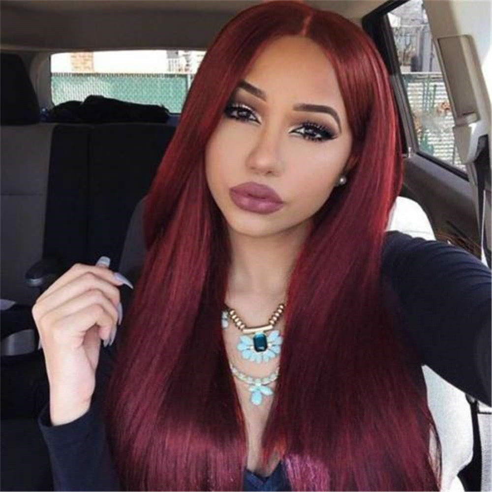 New Burgundy Red Human Hair Wig 13x6 Deep Part Wig Glueless Preplucked with Baby Hair Silk Straight 99J Brazilian Remy Hair