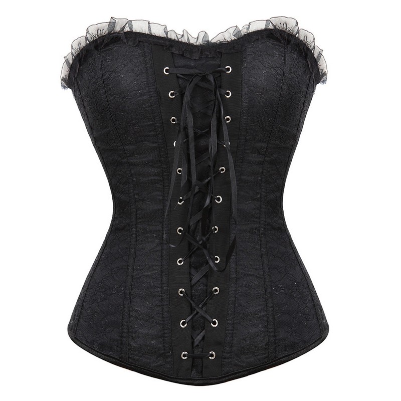 Dance Lace Corset Top Frill Pleated Trim Side Zipper Corsets Plus size Lace up Back Women Ribbon Floral Overbust Sexy Dance Corse Bustier
