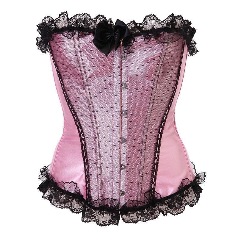 Lace Ruffle Trim Overbust Corset Top Women Fashion Satin Plastic Boned Corselet Plus Size S-6XL Sexy Lace-up Corset with Bows / Dots