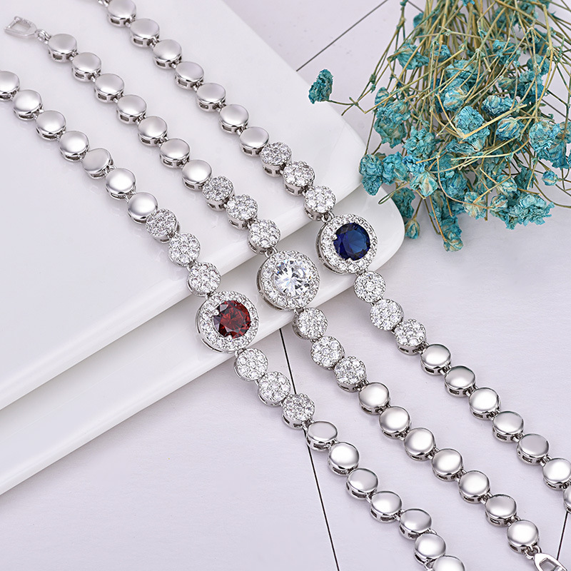 2 Pcs/Lot High Quality Holiday Gift Blue White Red Crystal Cubic Zirconia Gemstone Platinum Plated Round Shaped Chain Bracelet For Women