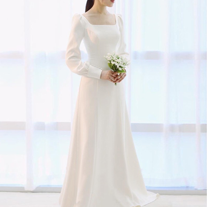 Long Sleeves Winter Wedding Dresses 2020 Satin Beach Wedding Gowns Lace Up Bridal Gown Ivory White