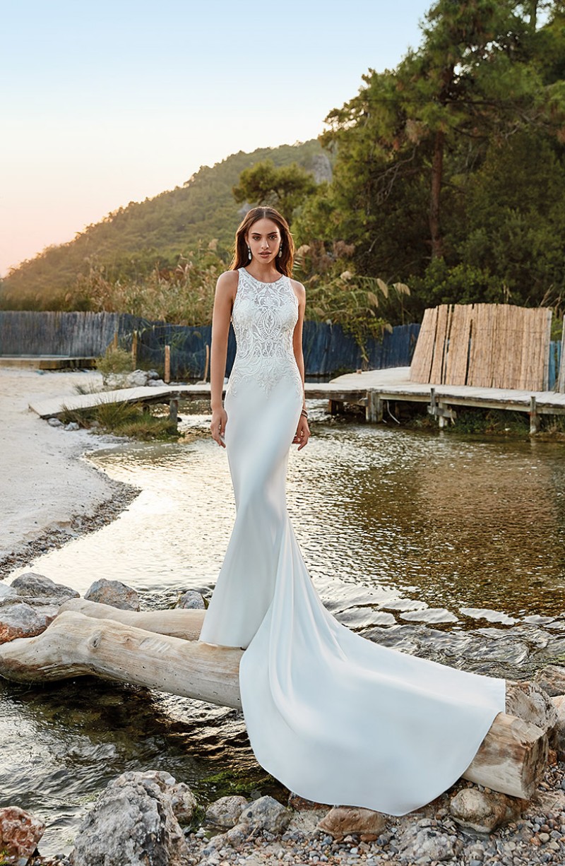 eddy k mermaid satin wedding dresses lace appliqued bridal gowns jewel neck simple long country boho beach wedding dress