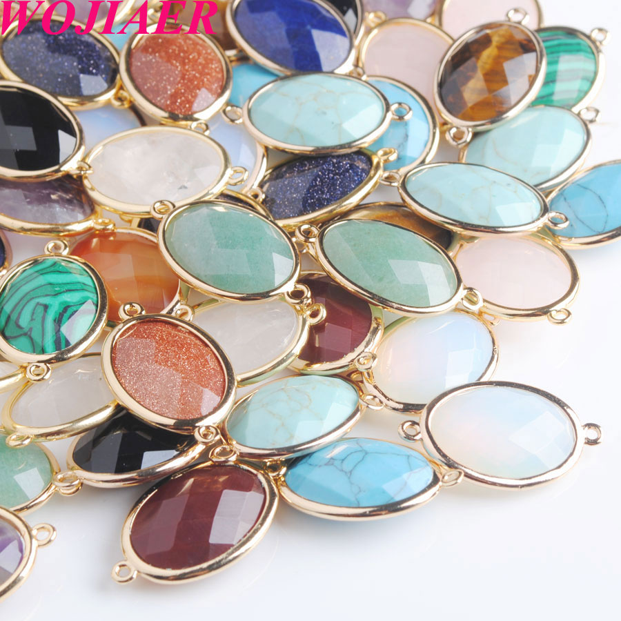 WOJIAER Oval Natural Facted Gem Stone Loose Beads Double Hole Pendant Connector for Female Necklaces Jewelry Making BZ903