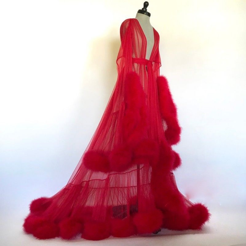 Luxury Fur Bride Sleepwear Robes Custom Made Sheer Long Sleeves Women Sexy Sleepwear Dresses Floor Length
