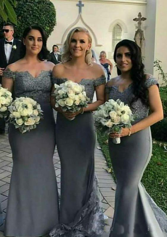 Gray Bridesmaid's Dresses Lace Applique Off Shoulder Cap Sleeves Mermaid Wedding Party Gowns Evening Dresses Custom Made
