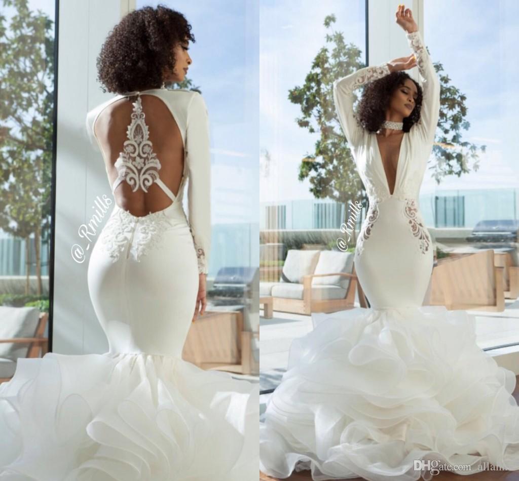Elegant Arabic Dubai Mermaid Wedding Dresses V Neck Long Sleeves Tiered Organza Open Back Bridal Gowns Floor Length Formal Dress For Women