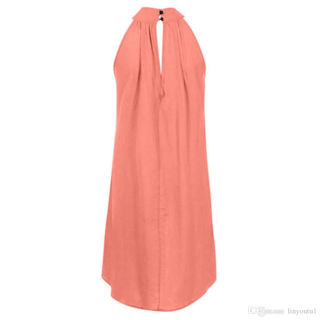 Linen Vest Sundress Draped Elegant Girl hot sale 2020 Casual Spring Pleated Dress Solid Color Sleeveless Round Neck Party Night