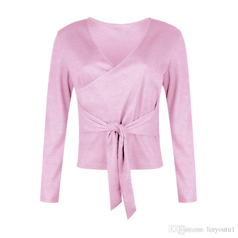 tshirt Women Casual V-neckline T-Shirts Women T Shirts Cross Strap Bow Shirt long Sleeve Top 2020