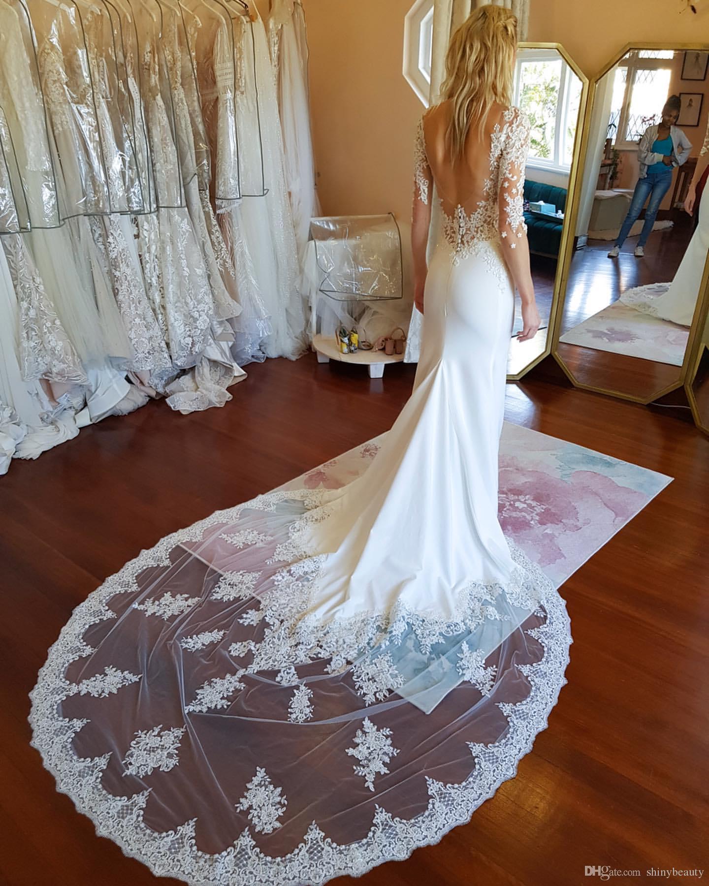 Sexy Lace Mermaid Dresses Jewel Neck Applique Long Illusion Sleeves Court Train Wedding Dress Bridal Gowns vestidos de novia Custom