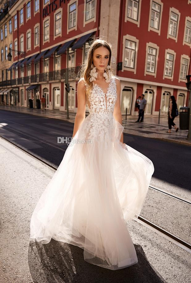 berta lace backless boho wedding dresses plunging v neck a line beach bridals gowns sweep train tulle bohemian vestidos de noiva