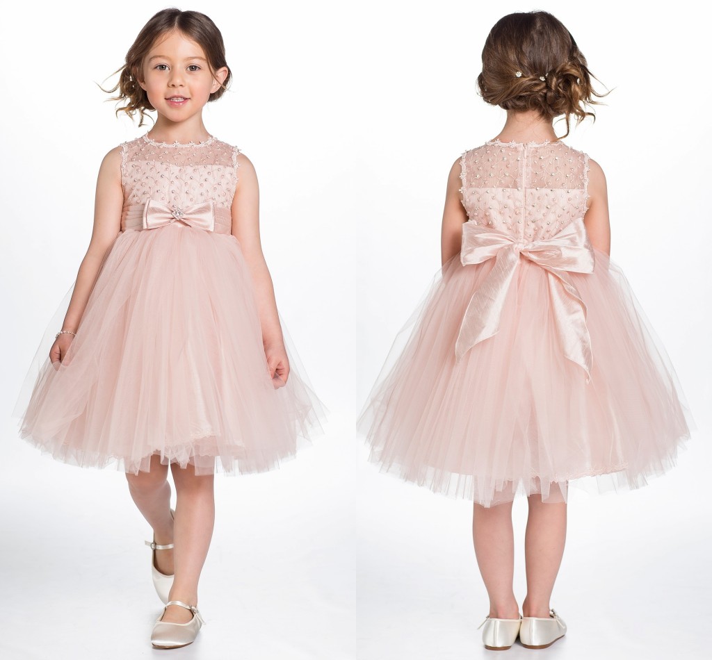 Pink Pearls Flower Girls' Dresses Short Tulle Bow Ball Gown Little Girls Knee Length Pageant Gowns
