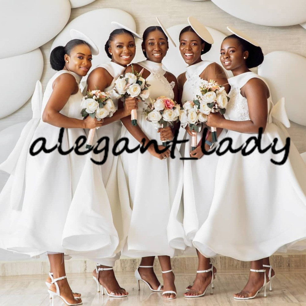 Tea-length Stain Bridesmaid Dresses with Bow 2020 African Halter Lace Sequins Plus Size Beach wedding guest gown Vestidos De Fie