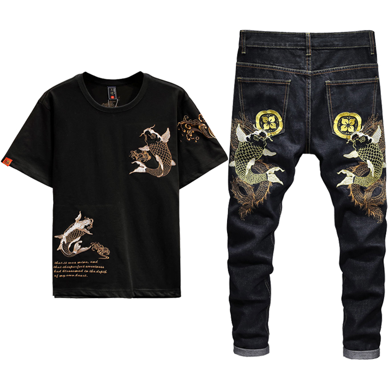 2020 Men's Sets Male Embroidered Brocade Carp Black Jeans Sets Plus Size 2 Colors Short-sleeved T-shirts + Black Stretch Jeans, Black tee+jeans-2012+80011
2020 Men's Sets Male Embroidered Brocade Carp Black Jeans Sets Plus Size 2 Colors Short-sleeved T-shirts + Black Stretch Jeans, Black tee+jeans-2012+80011