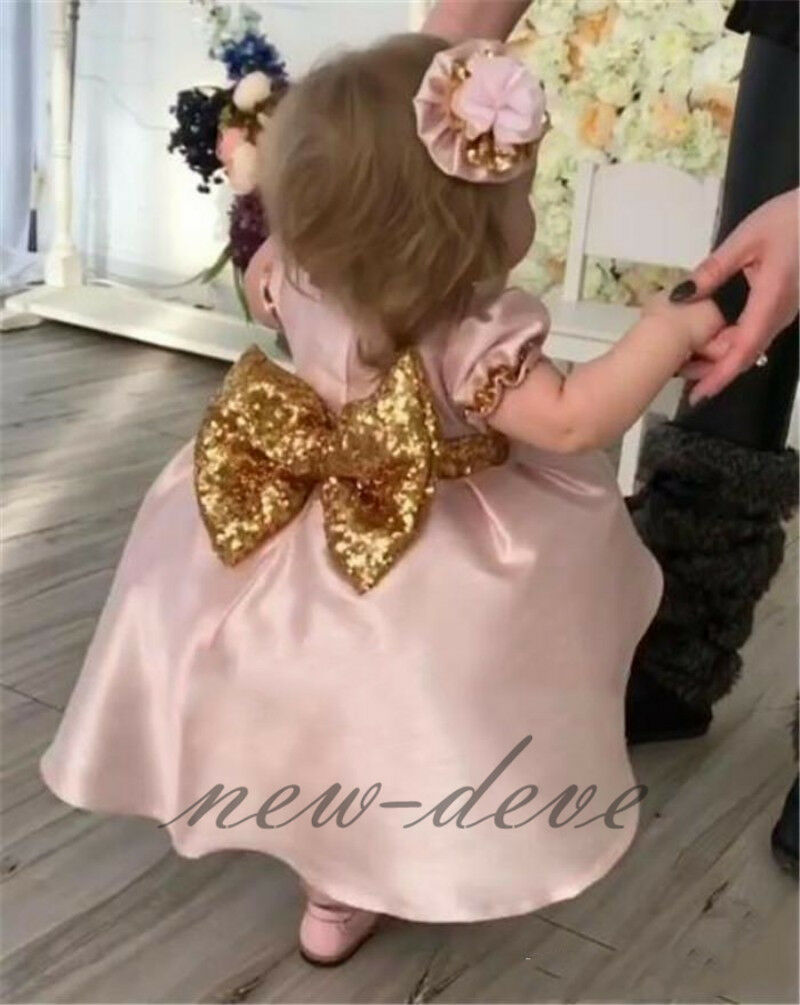 Lovely Pink Sequins Flower Girls Dresses Jewel Neck Short Sleeve Gowns With Bow Sash Tea Length Kids Birthday First Holy Communion Dresses