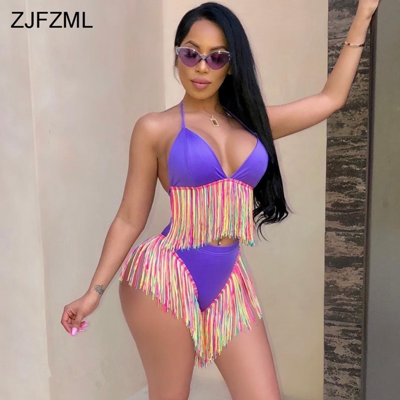 Zjfzml Colorful Tassels Summer Two Piece Set Women Halter V Neck Backless Crop Top+purple High Wiast Short Sexy 2 Piece Outfits C19021601
