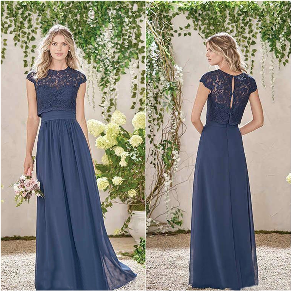 Elegant Cheap Dark Navy Long Bridesmaid Dress Two Pieces Lace Maid of Honor Dress Wedding Guest Gown Custom Made Plus Size