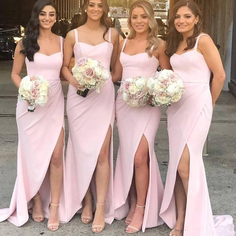 Pink Long Bridesmaid Dresses Spaghetti Straps Side Split Formal Prom Dress Wedding Maid Of Honor Gowns Plus Size