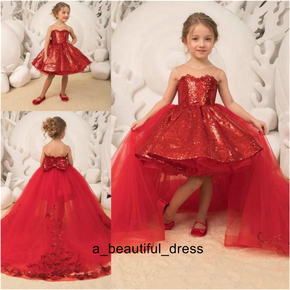 Flower Girl Dress Detachable Train Sheer Sequined Ball Gown Girls Pageant Dresses Back Bow High Low Kids Communion Dress For Birthday FG1327