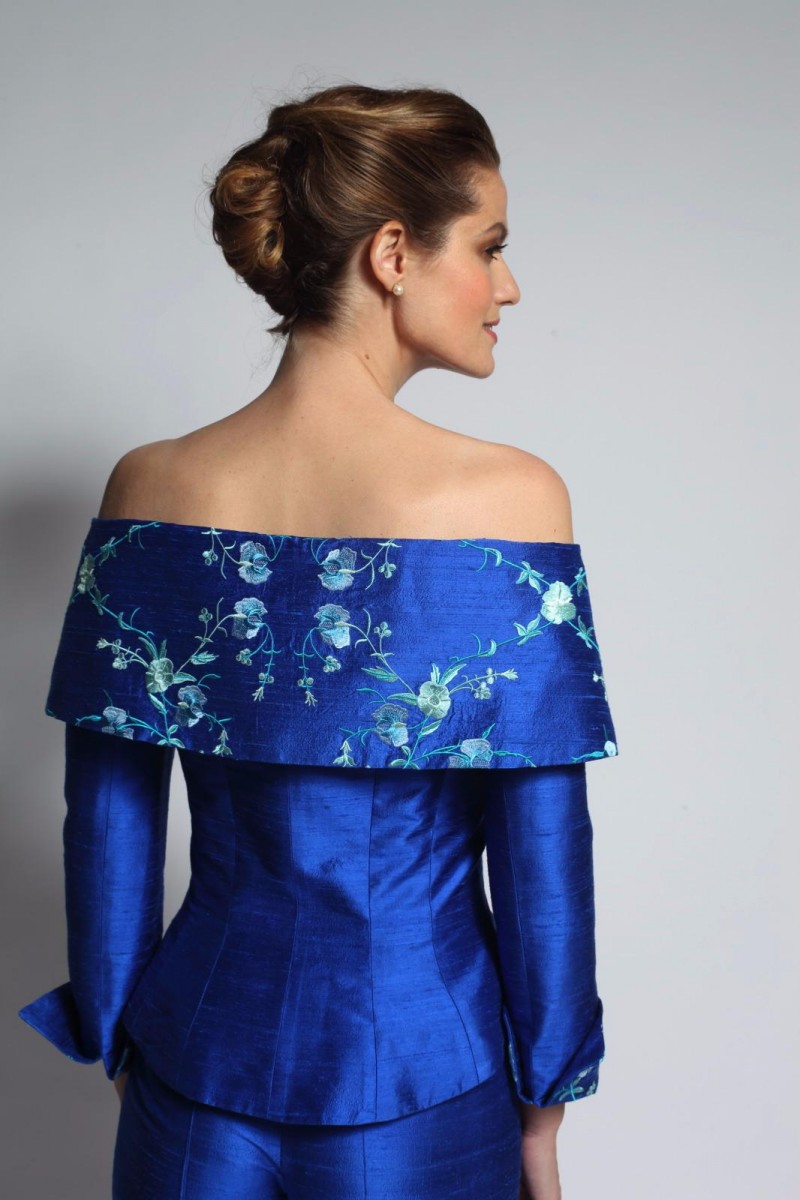 Royal Blue Pants Suit Mother Of The Bride Dresses Off The Shoulder Embroidery Long Sleeve Evening Gowns Two Pieces Wedding Guest Dresses