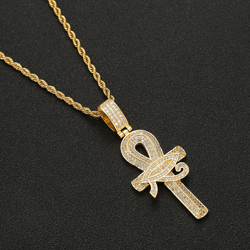 Pendant necklace, jewelry designer Eye of Horus cross moissanite pendant and sterling sier rope social gathering super face
