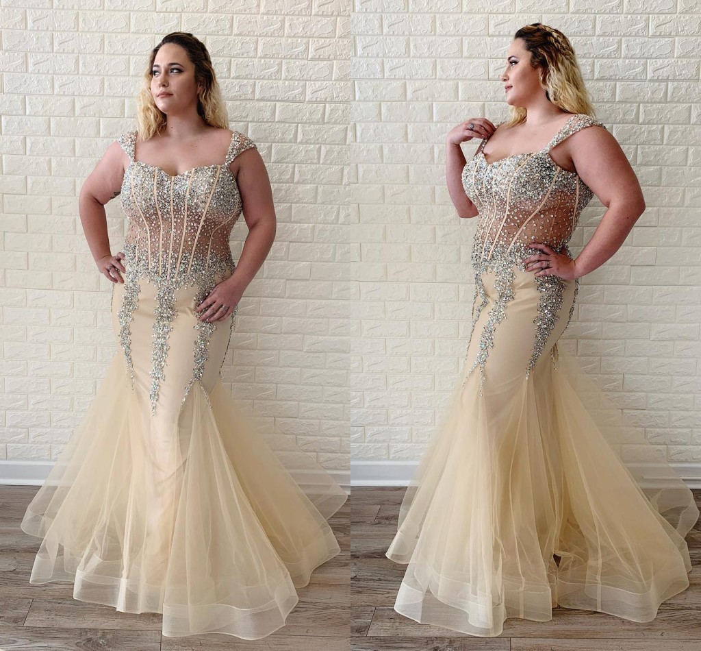 Popular Champagne Mermaid Evening Prom Dresses Plus size Cap Short Sleeves Crystal Bodice See Through Formal Party Dress Custom Made от DHgate WW