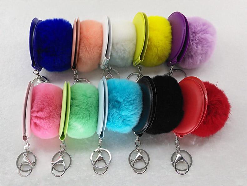 DHL Portable Pocket Mirror Keychian Keyring Charm Espejo Para Maquillarse Soft Ball Keyfob Jewelry Key Holder Makeup Mirror