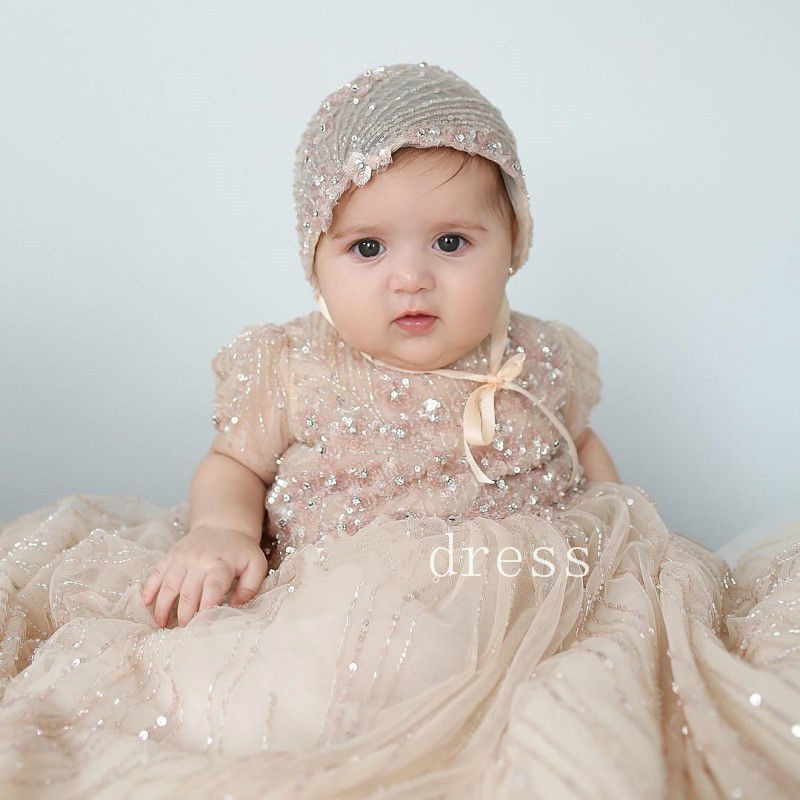 Short Sleeve Christening Dress For Baby Lace Appliqued Beads Baptism Dresses With Bonnet First Holy Communion Gown