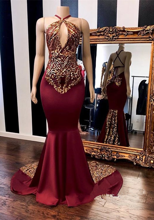 2019 Burgundy Halter Mermaid Prom Dresses Gold Sequined Bandage Evening Gowns Plus Size Special Occasion Dubai Arabic Party Dress