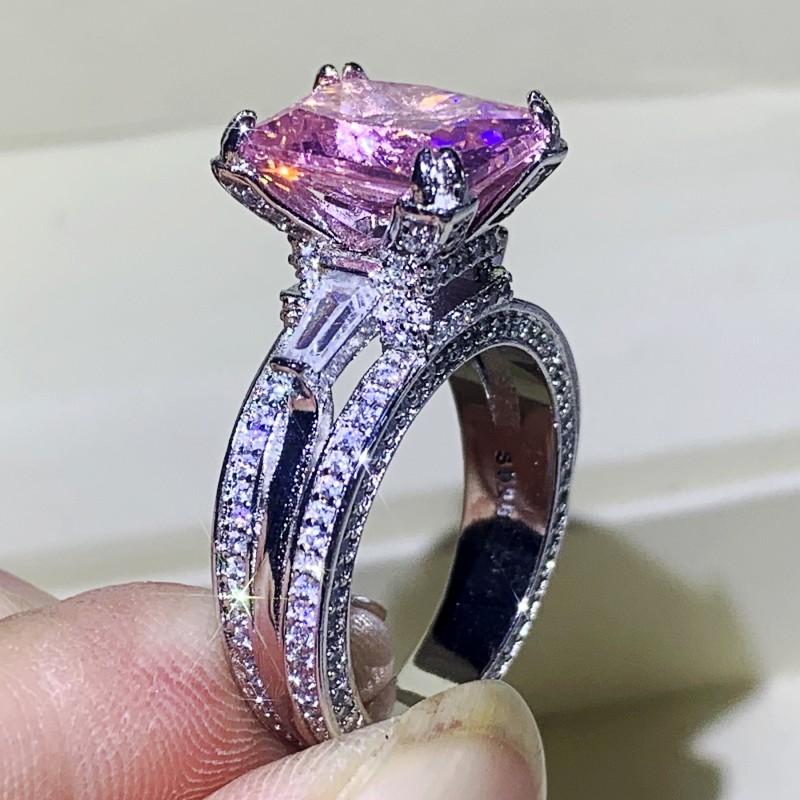 Size 5-10 Luxury Jewelry Stunning 925 Sterling Silver Big Pink Sapphire CZ Diamond Gemstones Eternity Eiffel Tower Women Wedding Band Ring