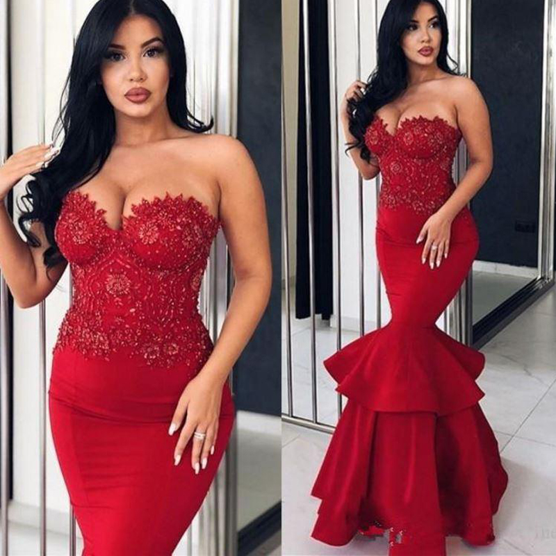 Sexy Dark Red Mermaid Sweetheart Prom Dresses For Black Girls Formal Beads Ruffles Long Plus Size Evening Party Dress