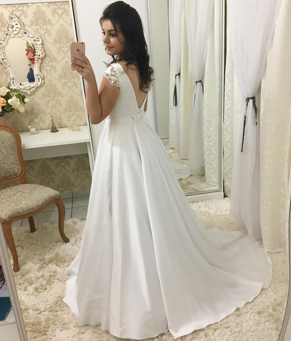 Sexy Open Back Cap Sleeve Prom Dresses Long Elegant White A-Line Formal Party Dress with Belt Vestidos De Gala