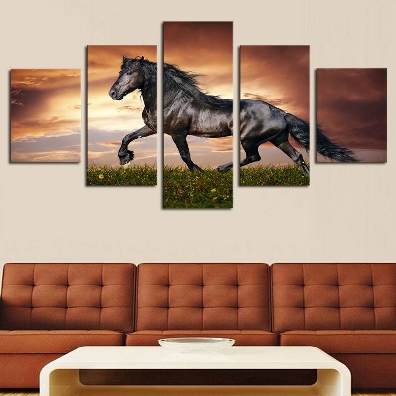 5pcs/set Unframed Running Black Horse Animal Painting On Canvas Wall Art Painting Art Picture For Living Room Decor
