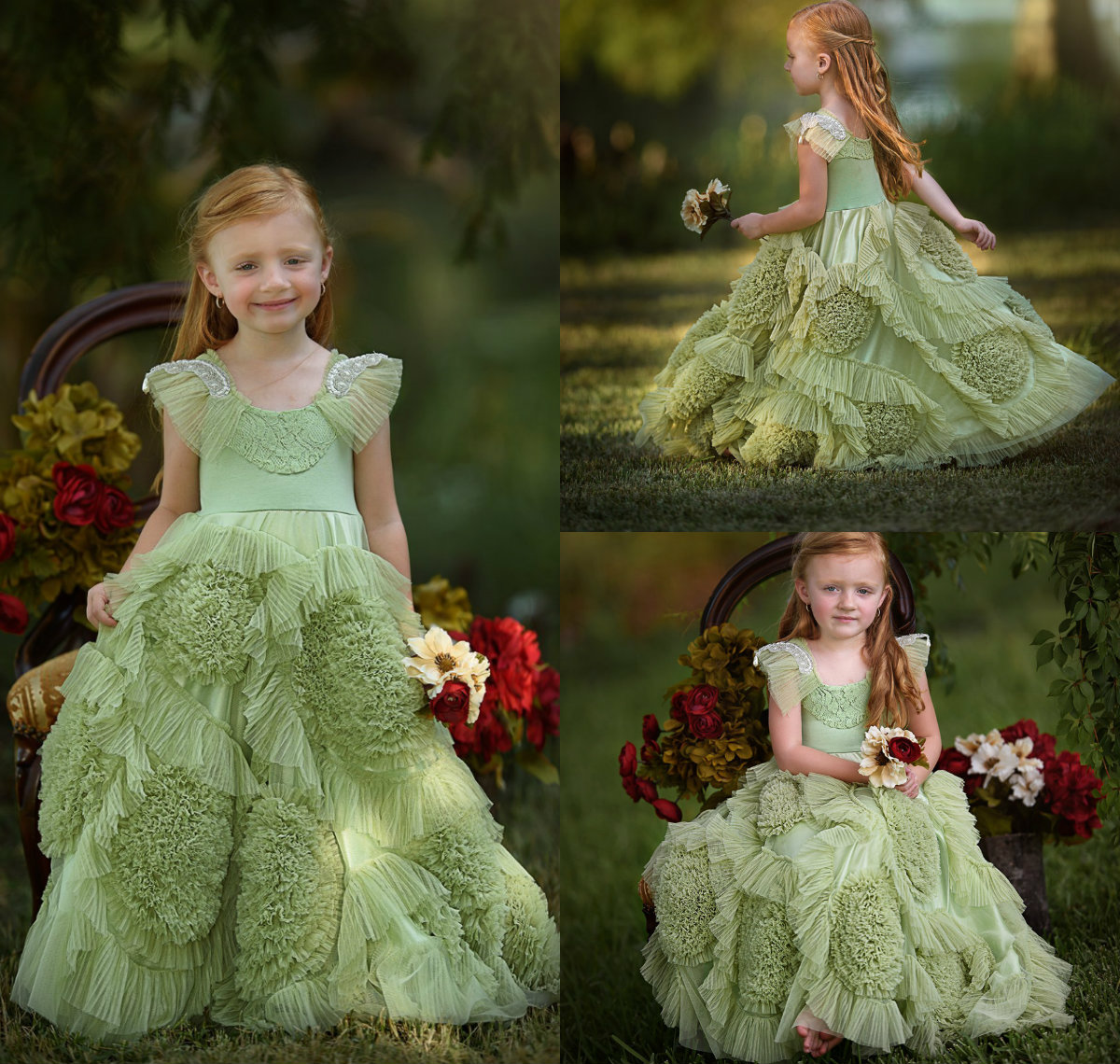 2019 New Beach Flower Girl Dresses Green Boho First Communion Dress For Little Girl Jewel Neck Sleeveless A-Line Cheap Kids Wedding Dress