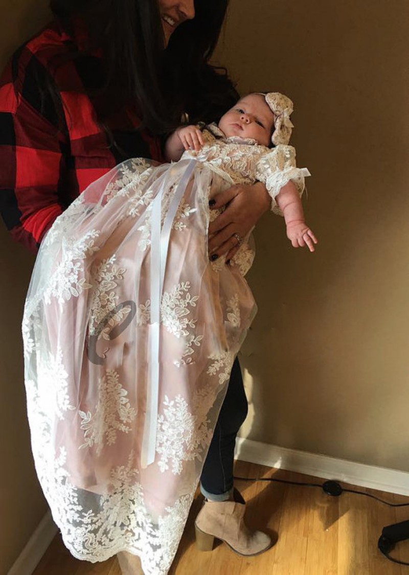 Hot Sale Blush Christening Gowns For Baby Girls Jewel Neck Lace Appliqued Baptism Dresses First Communication Dress With Bonnet