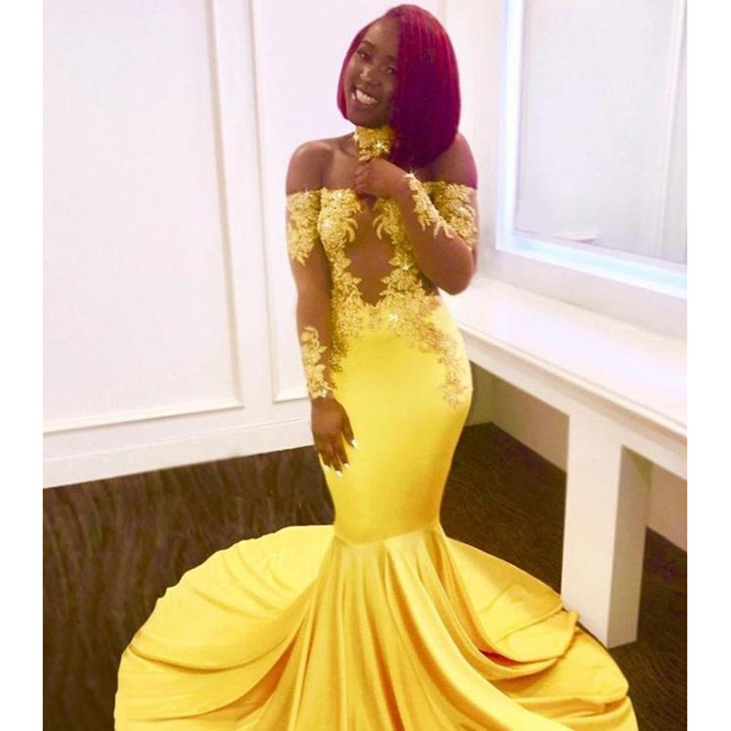 Yellow Long Mermaid Prom Dresses New Off The Shoulder Long Sleeve Evening Dress Lace Applique Sweep Strain Party Gowns Custom Made