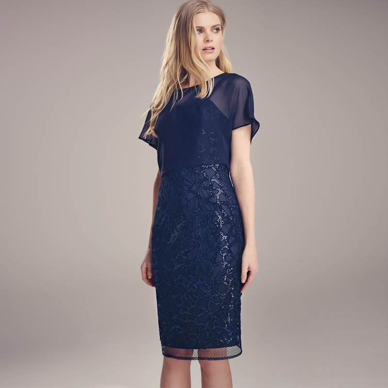 Navy Dark Sheath Lace Mother Of The Bride Dresses With Chiffon Top Sequined Evening Gowns Knee Length Custom Made Wedding Guest Dress