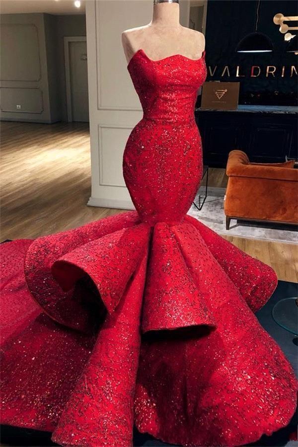 Beautiful Formal Red Evening Dresses 2020 Satin Strapless Sequins Applique Long Prom Dress Mermaid Pageant Gowns Ruffle Skirt
