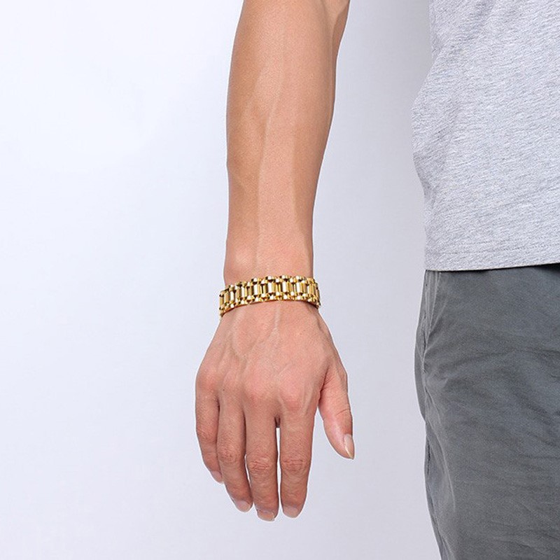 17mm Wide Gold-color Stainless Steel Watch Band Bracelet For Men Jewelry Matte Finished Strap Chain Bracelet & Bangle BR-345