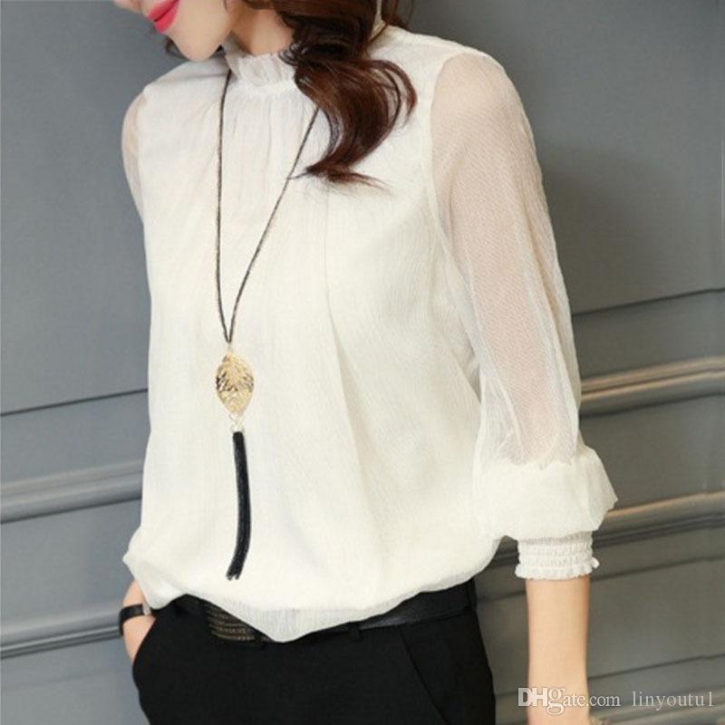 2020 Ladies Work shirt Lace Ruffle long Sleeve Loose Short Chiffon Blouse Shirts Women Fashion Long Sleeve Casual Blouses Tops
