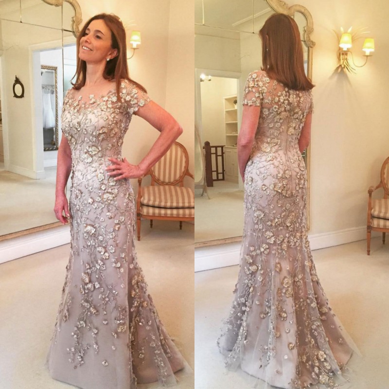 Modest Lace Mermaid Mother of the Bride Dresses Sheer Bateau Neck Beaded Short Sleeves Wedding Guest Dress Floor Length Formal Gowns