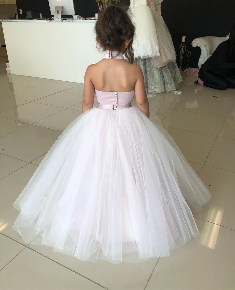 2020 New Flower Girls Dresses Halter Neck Lace Appliqued Crop Top A Line Ivory and Pink Sexy Two Pieces Little Girls Pageant Dresses